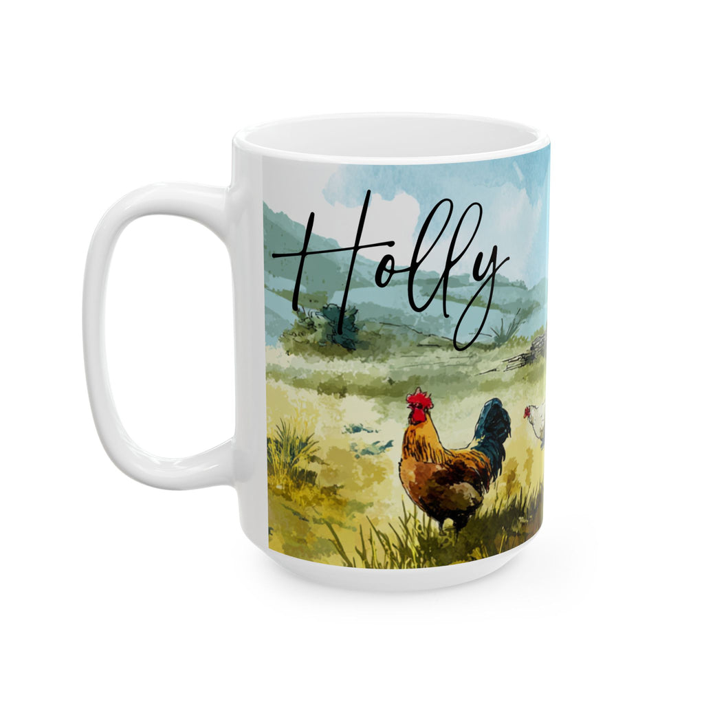 Mug with a design of chickens in a field and the name 'Holly' on a white background