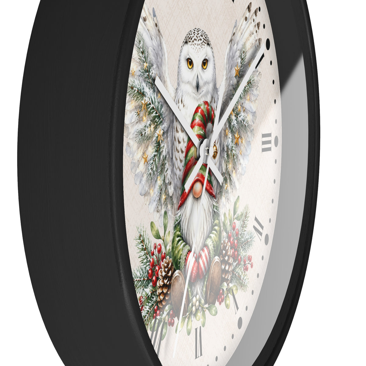 A round wall clock with a black frame and a festive printed face featuring a snowy owl with wings, a red striped scarf, holiday greenery, and candy canes on a light background.