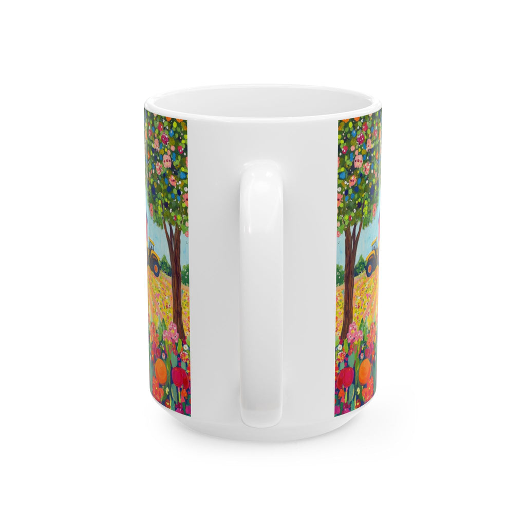 White mug with colorful floral design on a white background