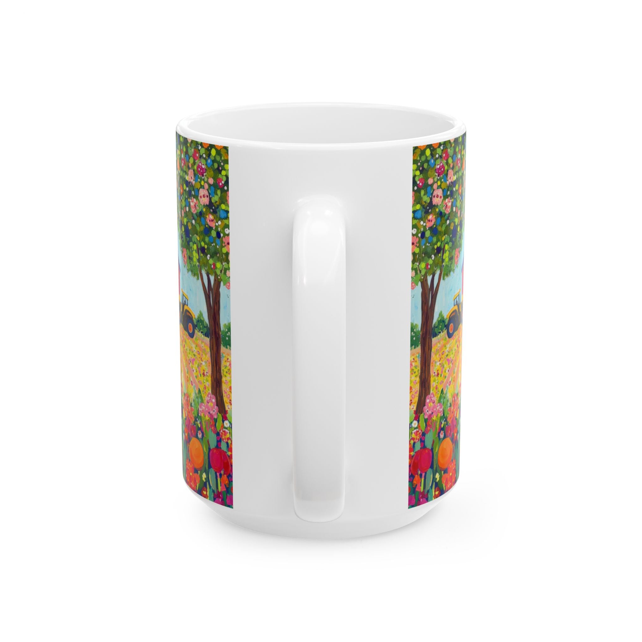 White mug with colorful floral design on a white background