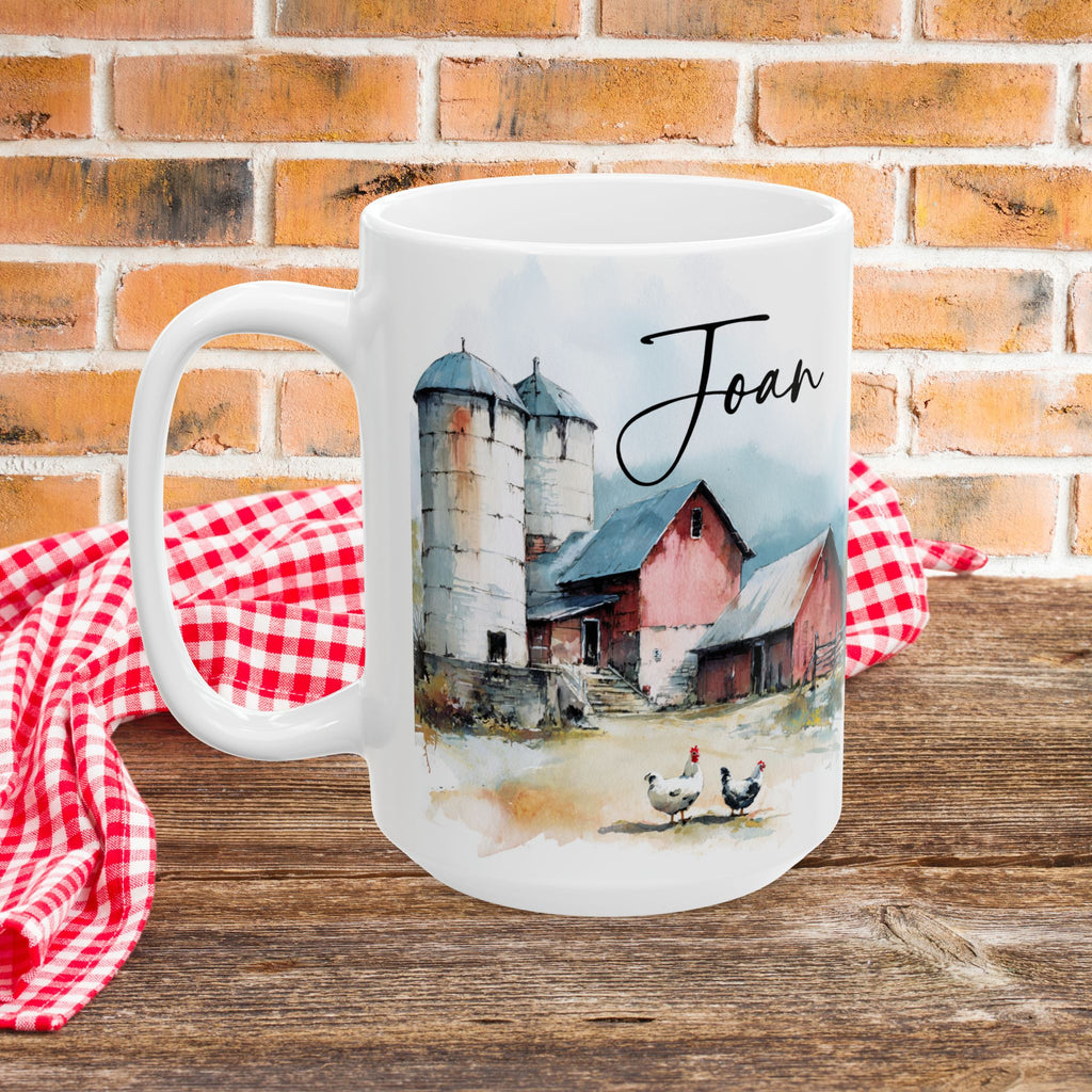Personalized Old Chicken Farmhouse Ceramic Mug — Rustic Country Morning Coffee Cup