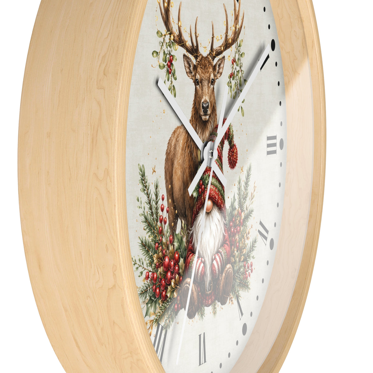 A round wall clock with a light natural wood frame and a white dial featuring an illustration of a stag, a gnome, and red berries.