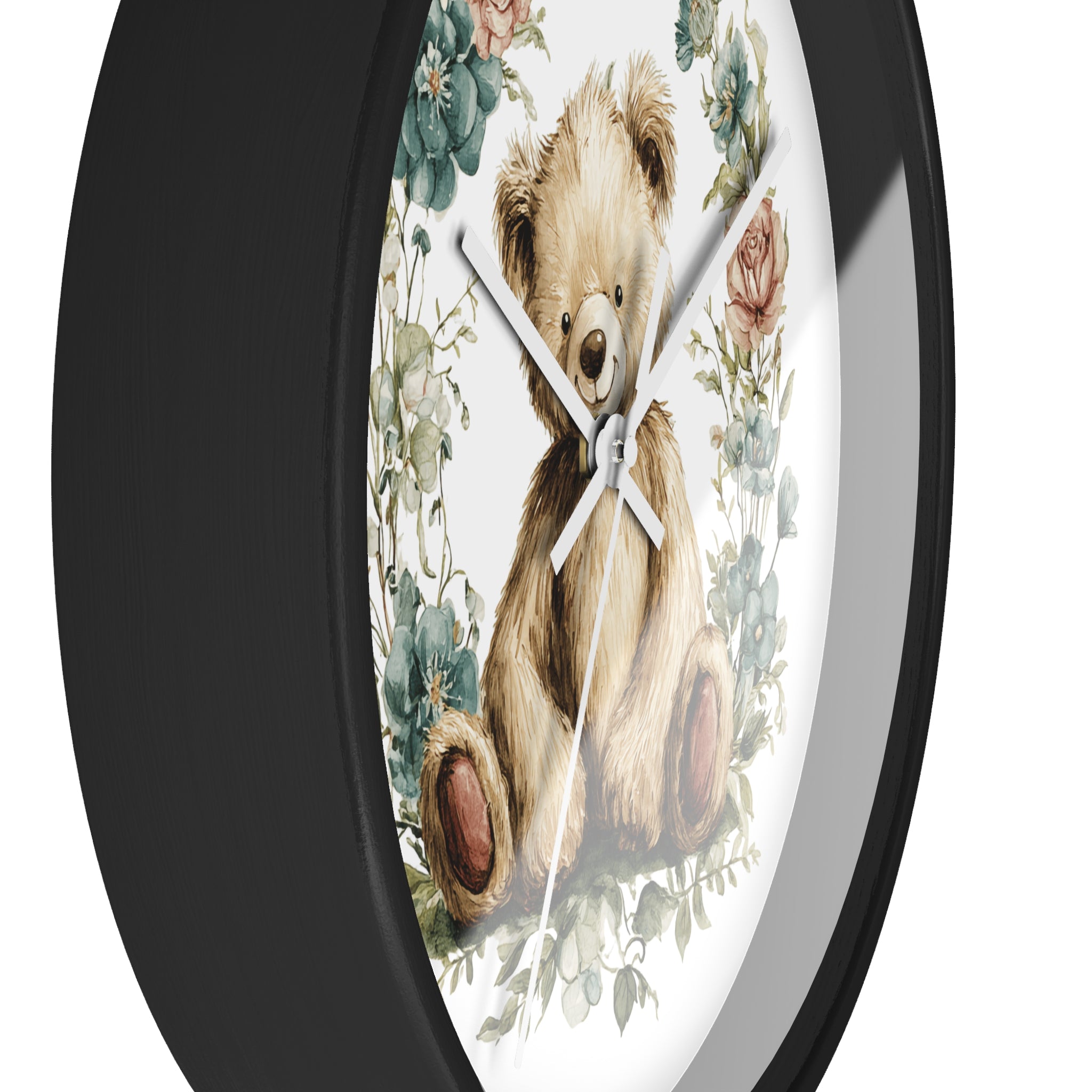 Teddy Bear Floral Wall Clock - Multiple Colors — Cute Nursery Clock for Baby Shower, Kids’ Room Decor