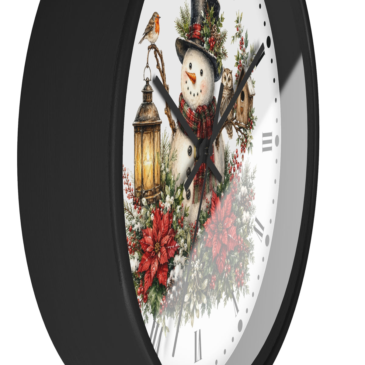 Christmas Snowman & Woodland Friends Wall Clock — Festive Poinsettia Flower Holiday Decor