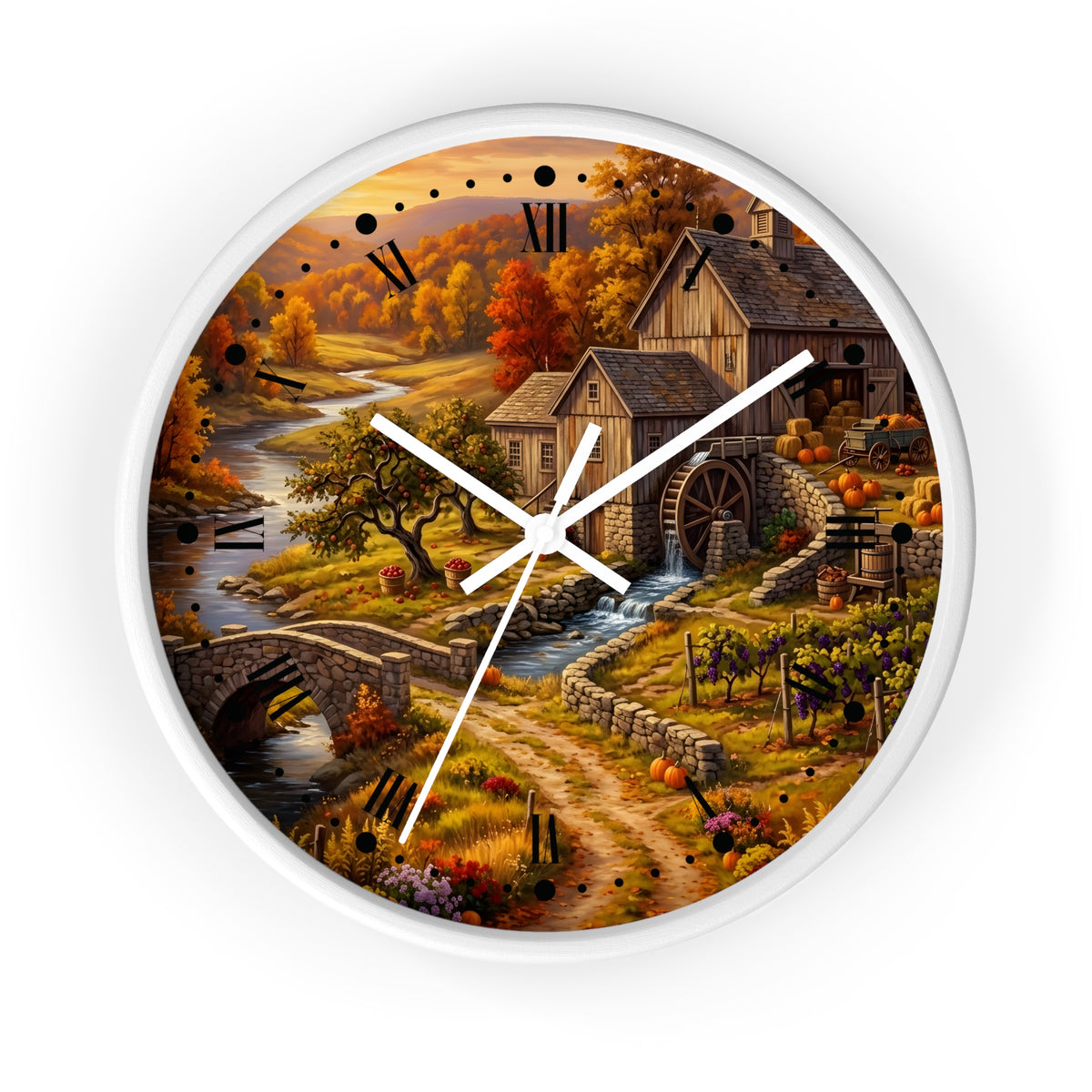 Round wall clock with a white frame and a scenic autumn landscape printed on the face, featuring a watermill, bridge, stream, vineyard, and stone path. The clock has black Roman numerals and white hands on a plain white background.