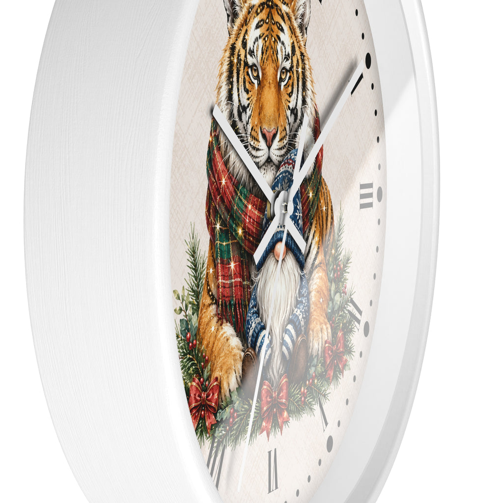 Tiger & Gnome Holiday Wall Clock — Festive Christmas Animal Home Decor