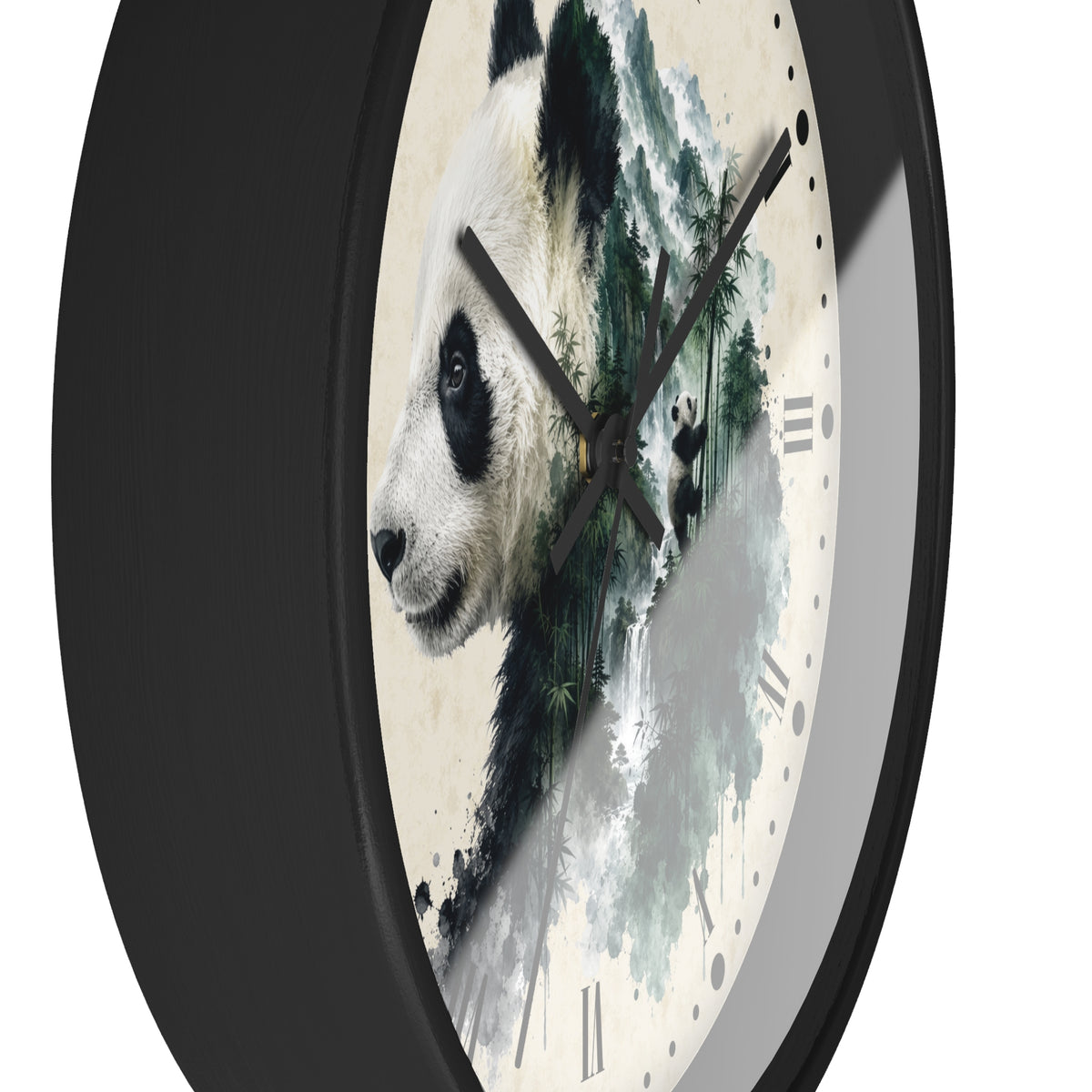 A round wall clock with a black frame and a cream-colored face featuring a painted panda illustration and bamboo scene. The clock is shown at an angle against a plain white background.