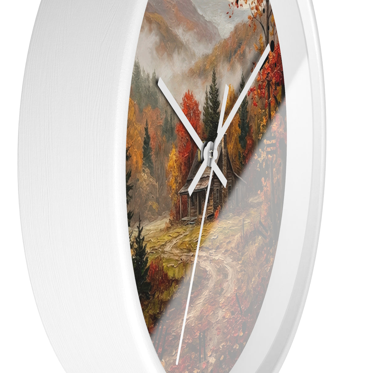 Rustic Autumn Cabin Landscape Wall Clock