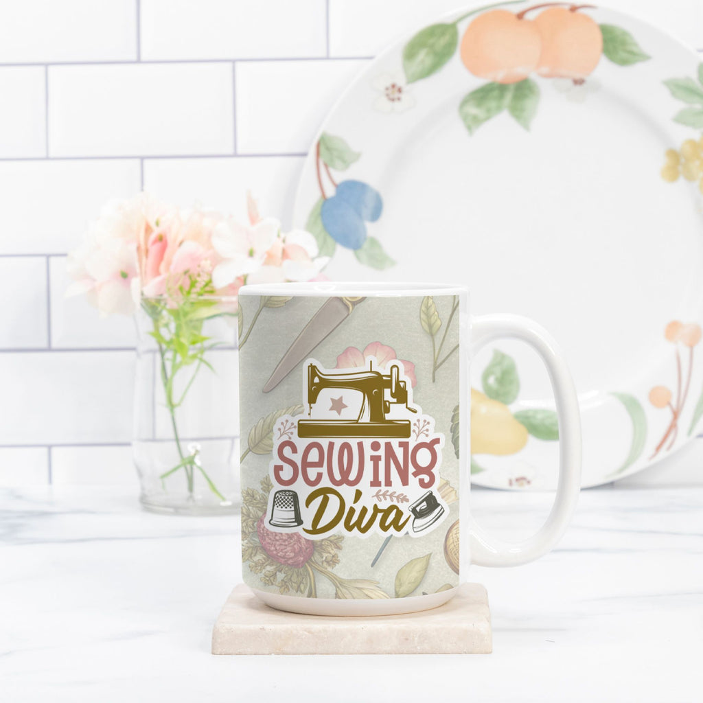 Mug with 'Sewing Diva' design on a white surface with a floral plate in the background.