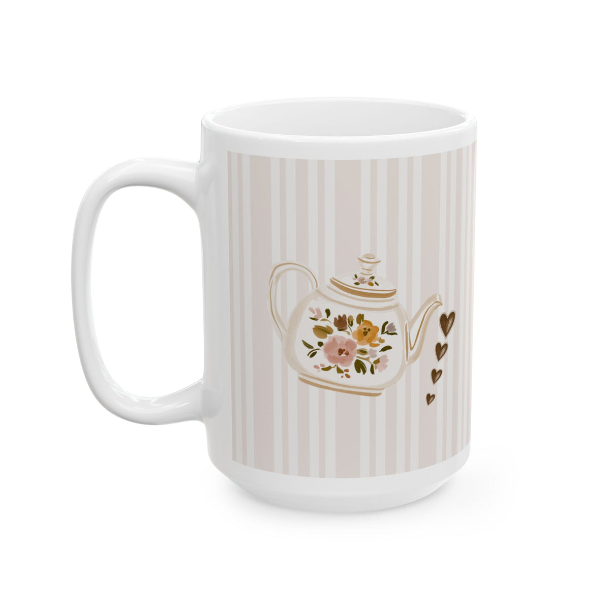 A white ceramic mug featuring a beige and white vertical stripe pattern on the body, decorated with an illustration of a teapot containing pink and yellow flowers, and small brown hearts.