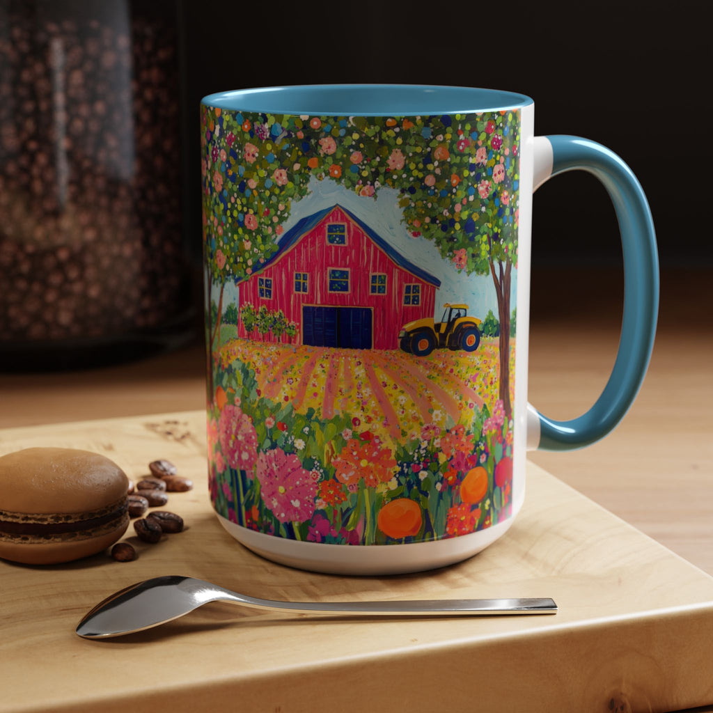 Colorful mug with farm scene on a wooden surface with coffee beans and a macaron.