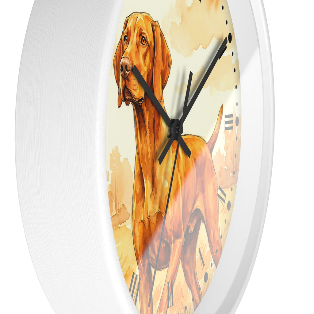 A white round wall clock featuring a painted brown dog illustration on the face, with black hands and clock markings.
