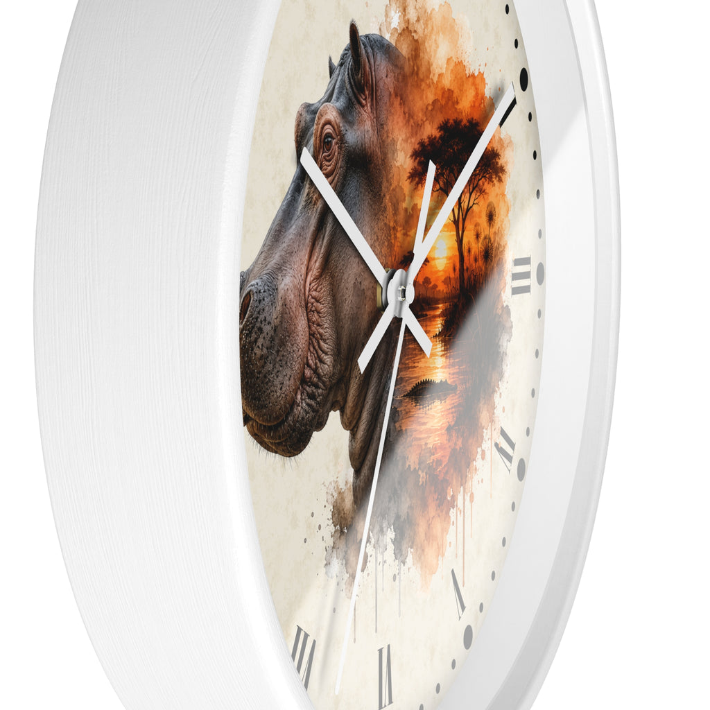 A round wall clock with a white frame and a printed dial featuring a detailed brown hippopotamus head over an orange sunset landscape, with white clock hands and black Roman numerals.