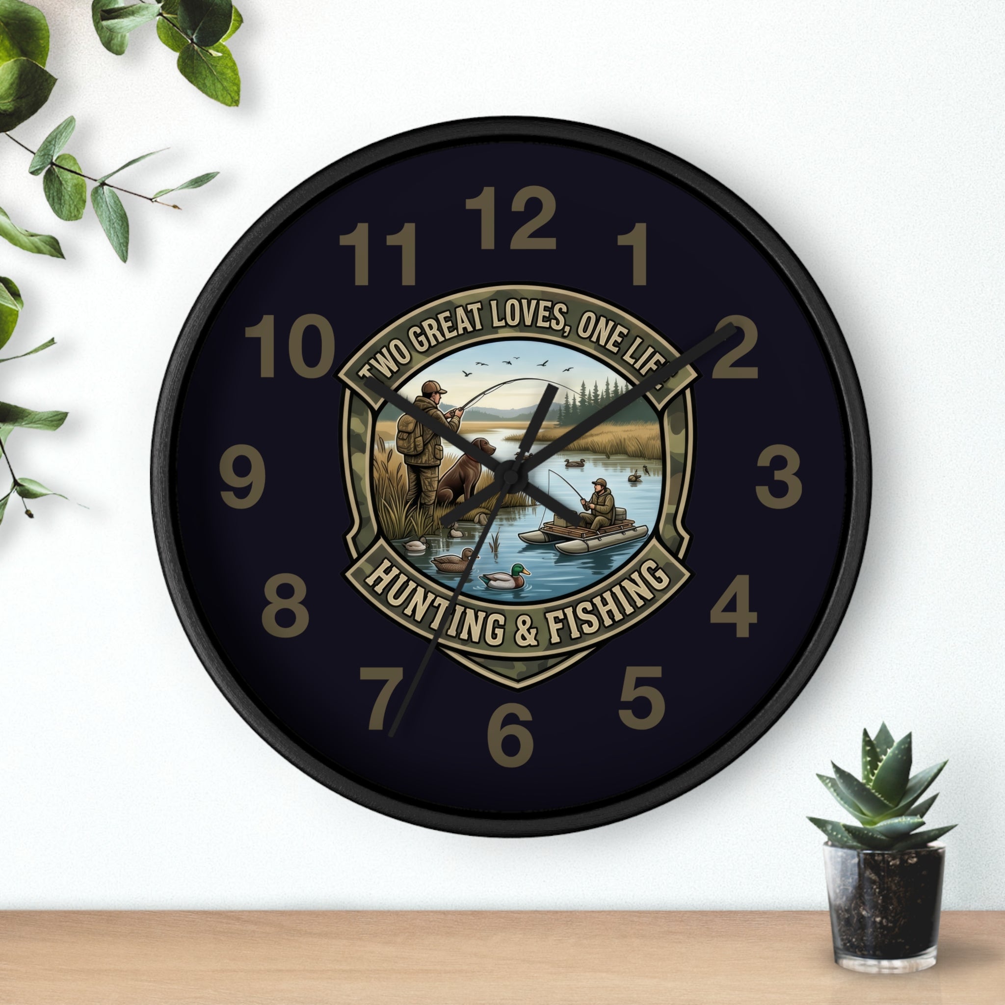 Hunting & Fishing Wall Clock — “Two Great Loves, One Life” Rustic Outdoors Decor