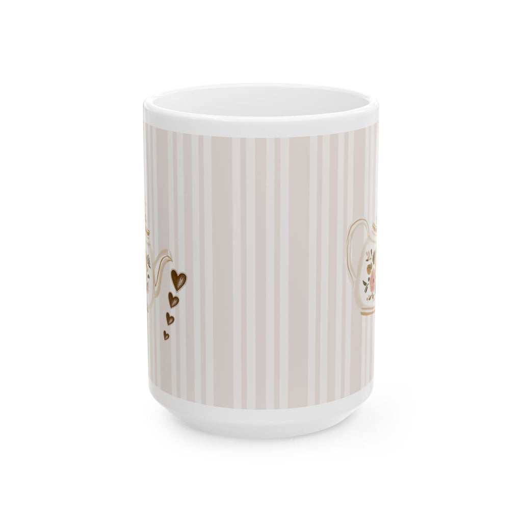 A white ceramic mug featuring a design of vertical beige and white stripes with small gold heart details and a gold teacup motif on the side, shown against a plain white background.