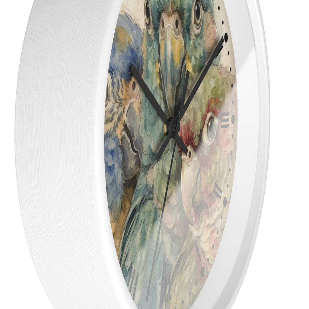 A round wall clock with a white frame and a printed face featuring close-up watercolor-style bird illustrations in blue, green, yellow, and pink tones, shown against a white background.
