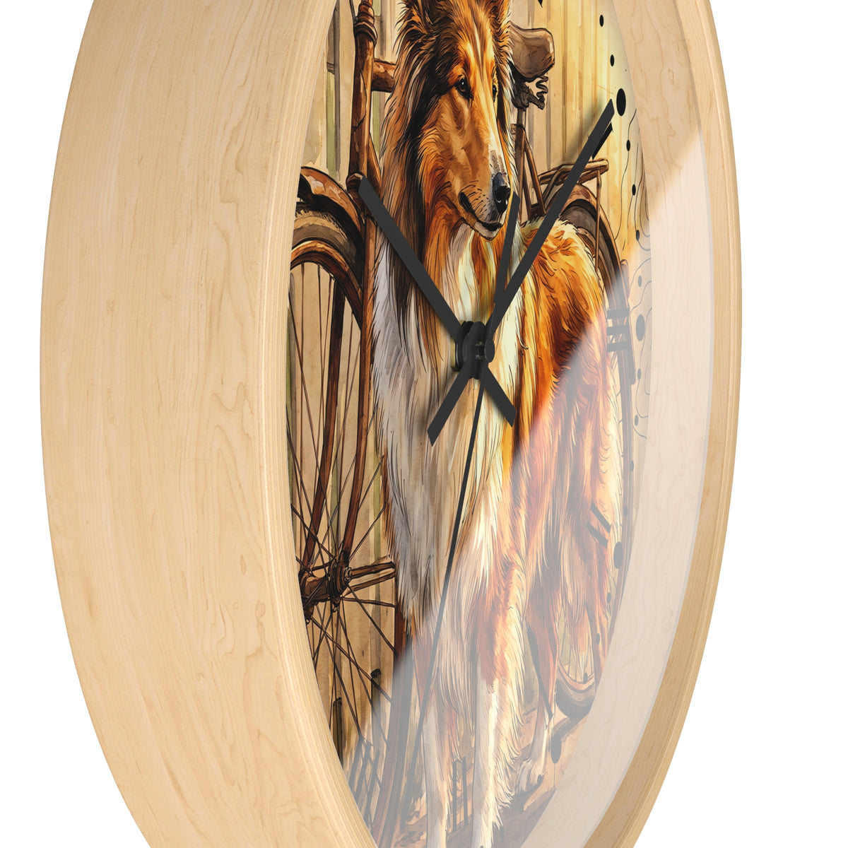 Round wall clock with a light natural wood frame and a printed artwork of a collie dog standing in front of a bicycle wheel, shown against a plain white background.