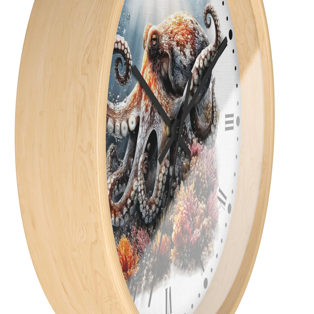 A close-up of a round wall clock with a light natural wood frame and a printed octopus undersea design on the face, shown against a plain white background.