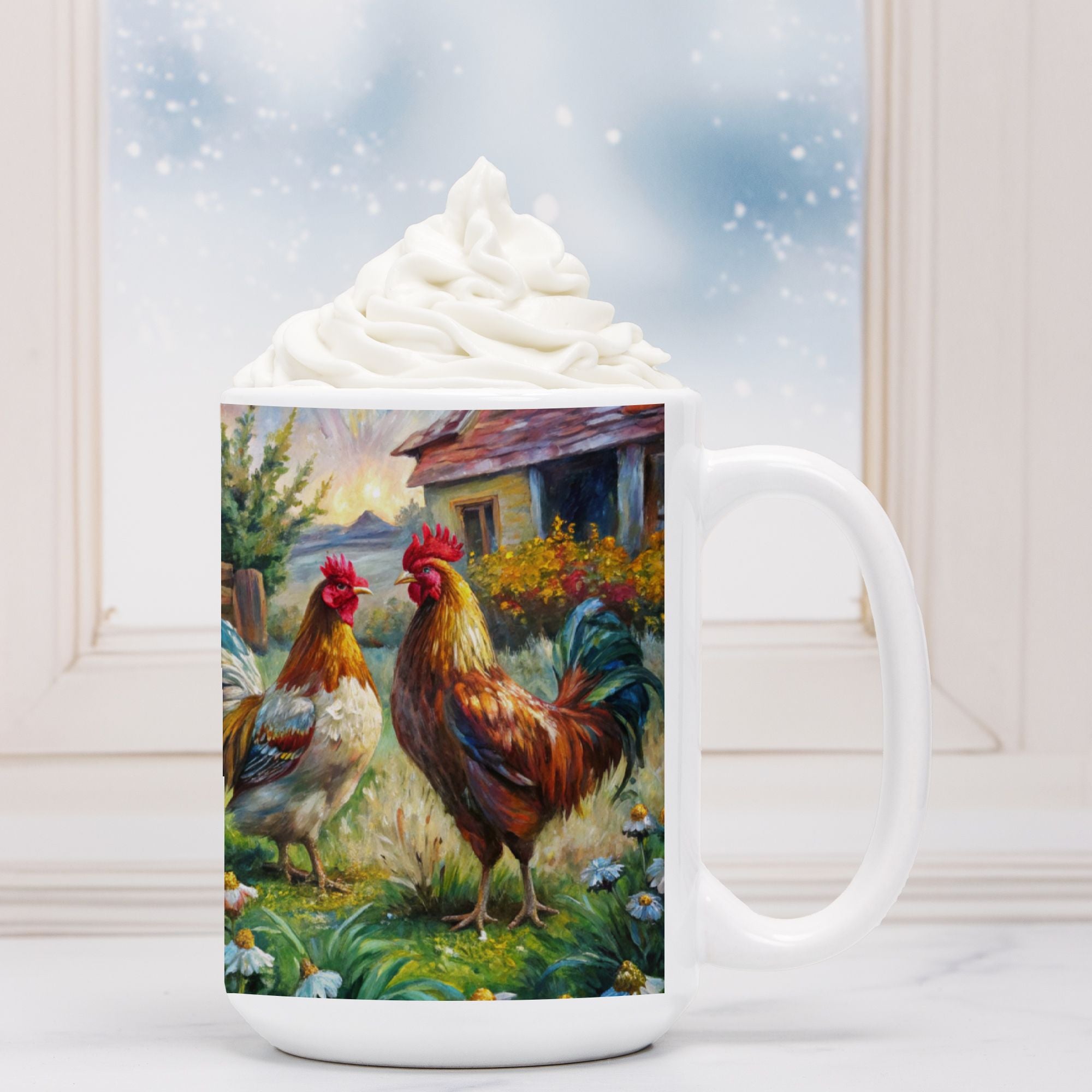 Mug with rooster design on a white surface