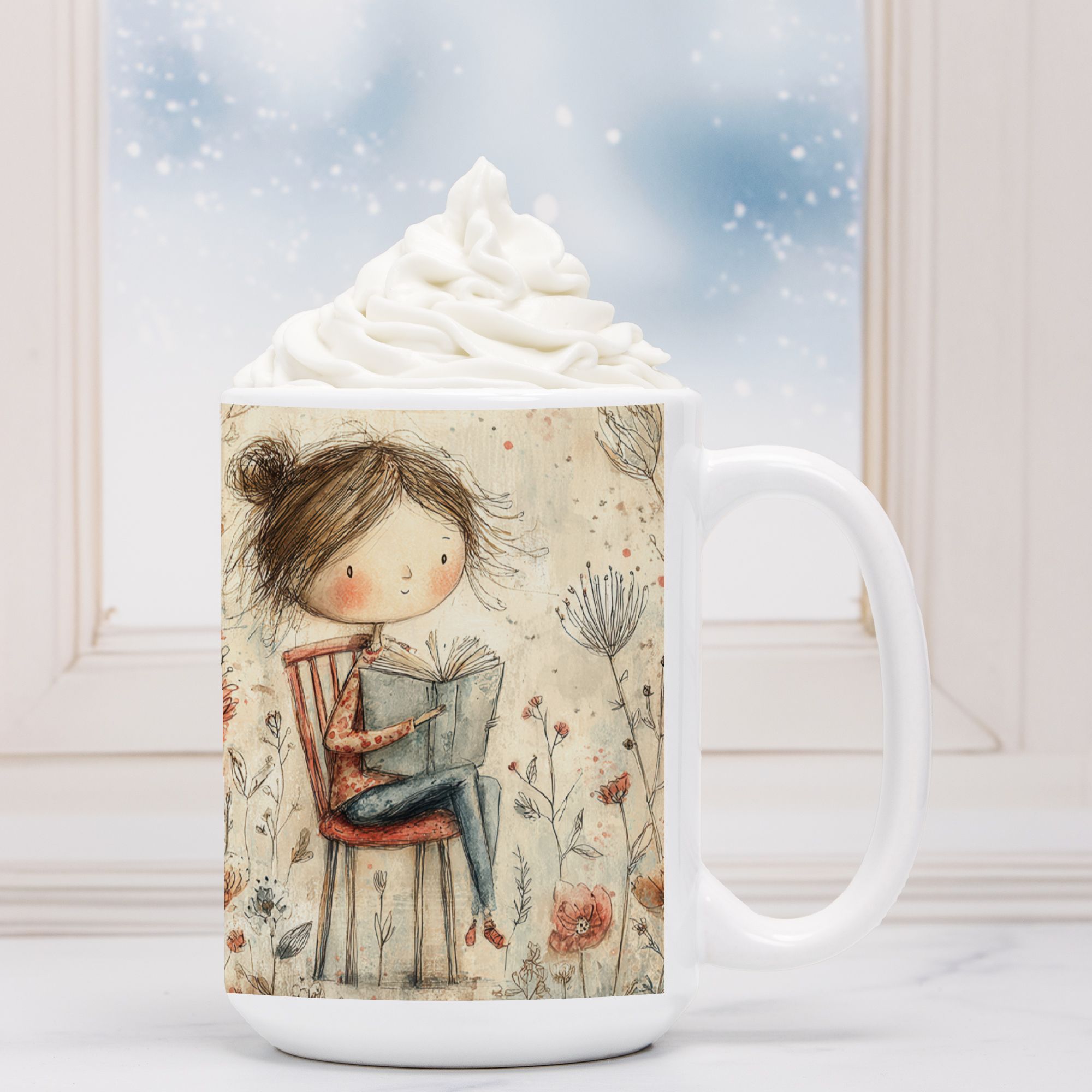 Mug with a design of a girl reading a book, topped with whipped cream against a snowy background.