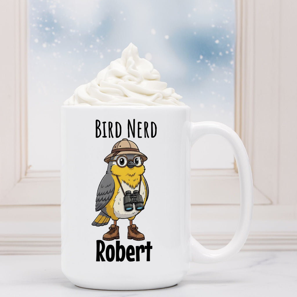 White mug with a bird design and 'Bird Nerd Robert' text, filled with hot chocolate.
