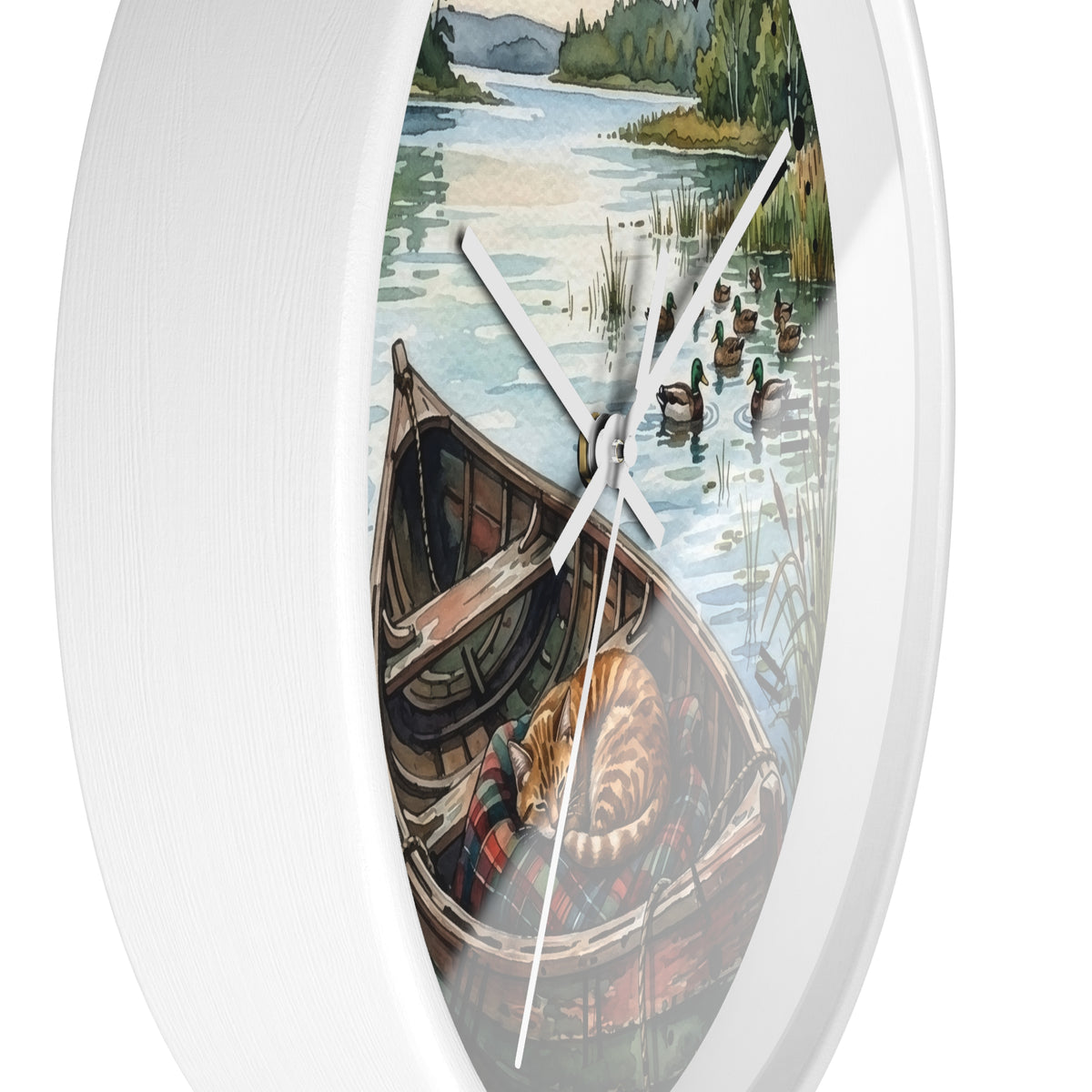 Oval white wall clock featuring a scenic illustration of a lake with ducks, a canoe, and a sleeping cat, shown against a plain white background.