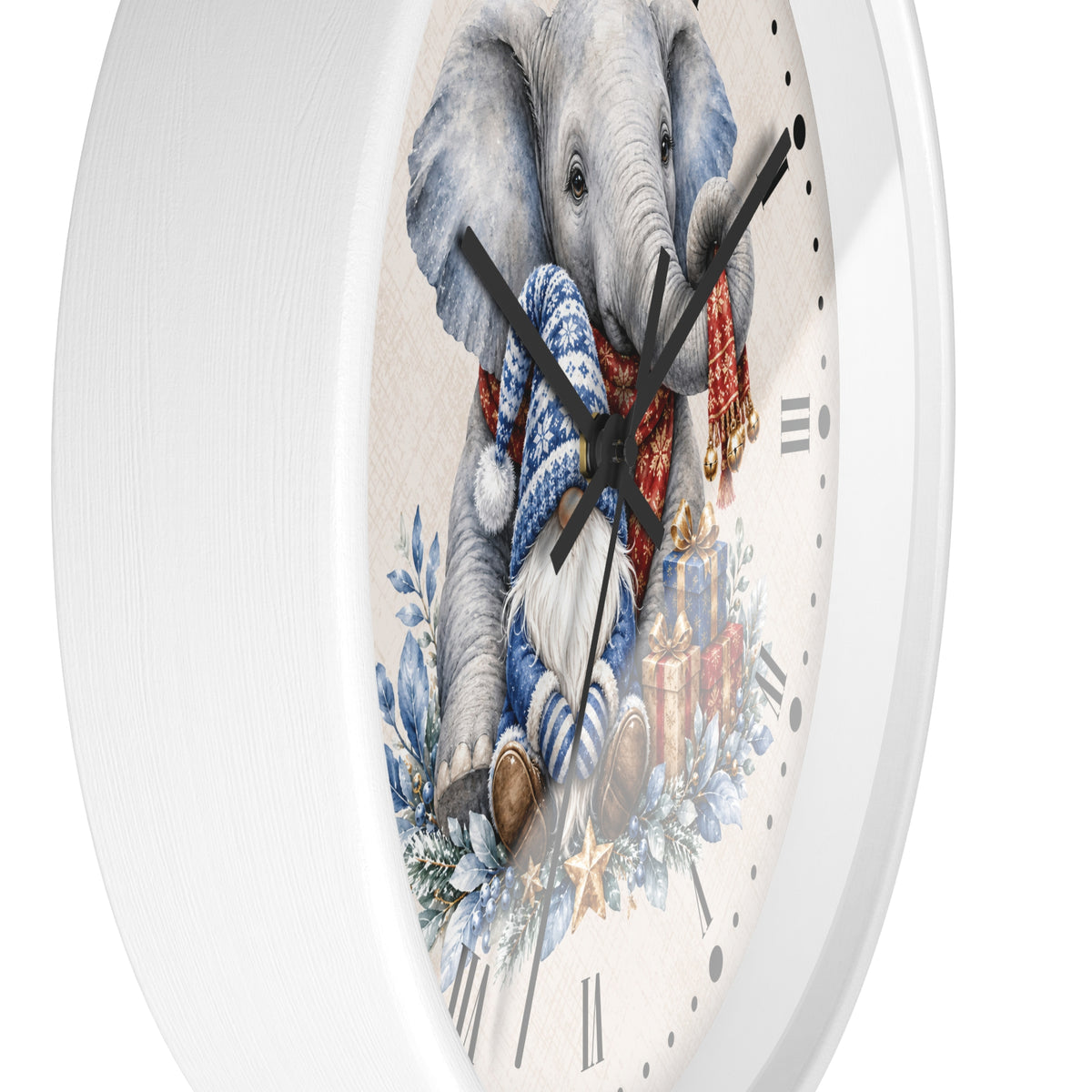 Elephant & Gnome Holiday Wall Clock —  Winter Animal Nursery Decor