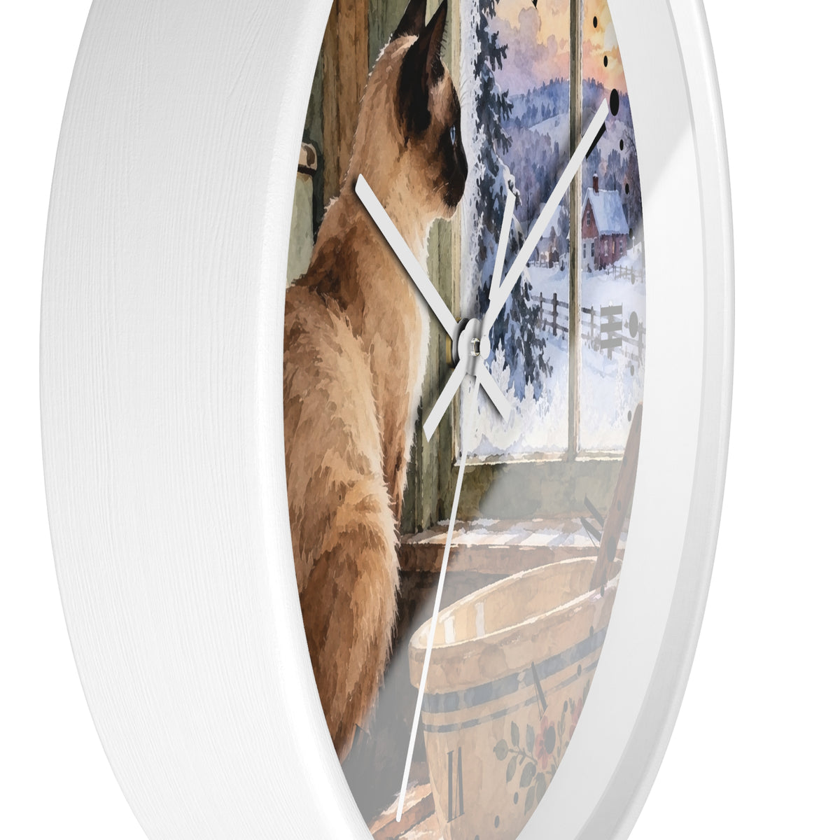 Siamese Cat by the Winter Kitchen Window Wood Wall Clock