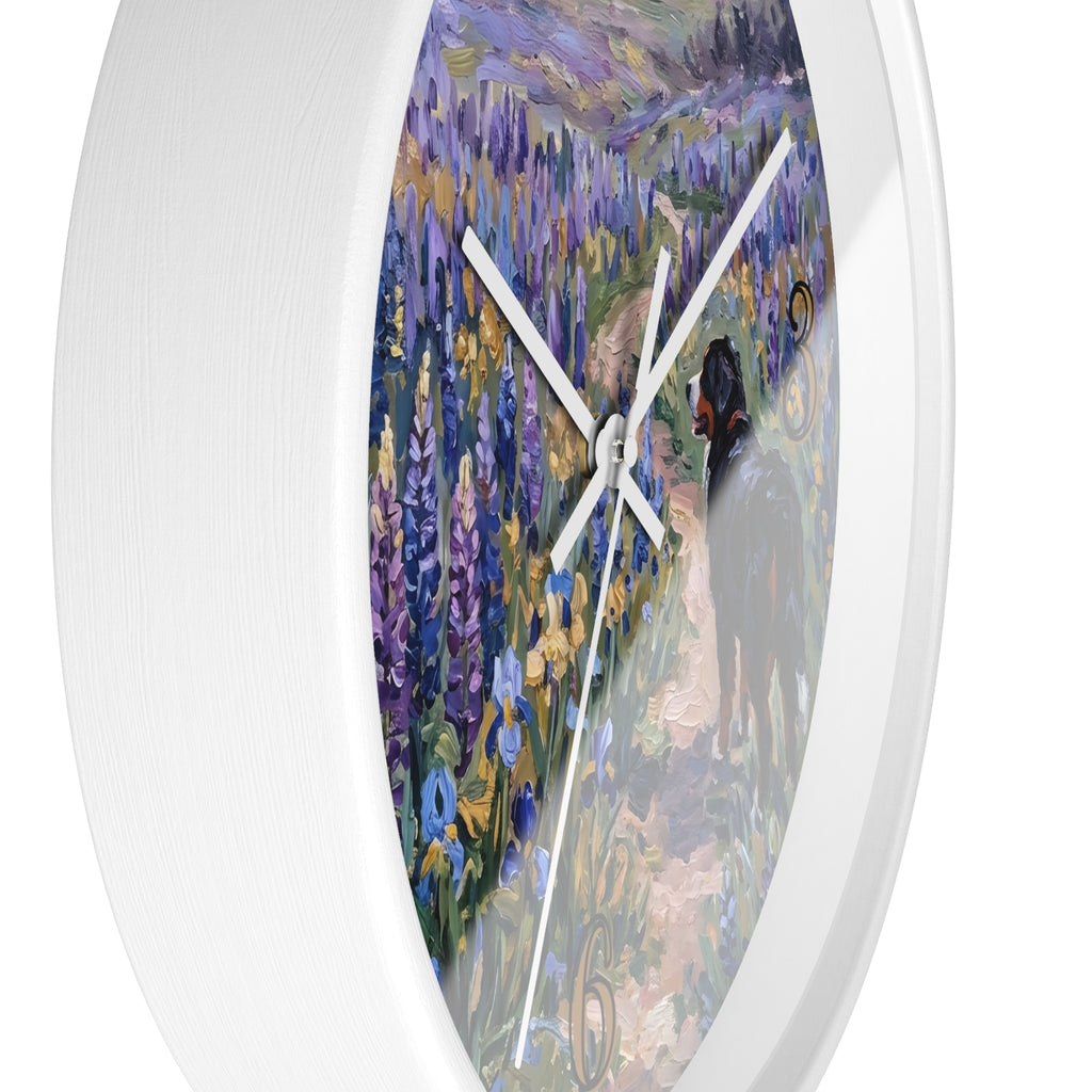 Side view of a white wall clock with artistic design of a Bernese mountain dog walking through a field of purple and gold flowers