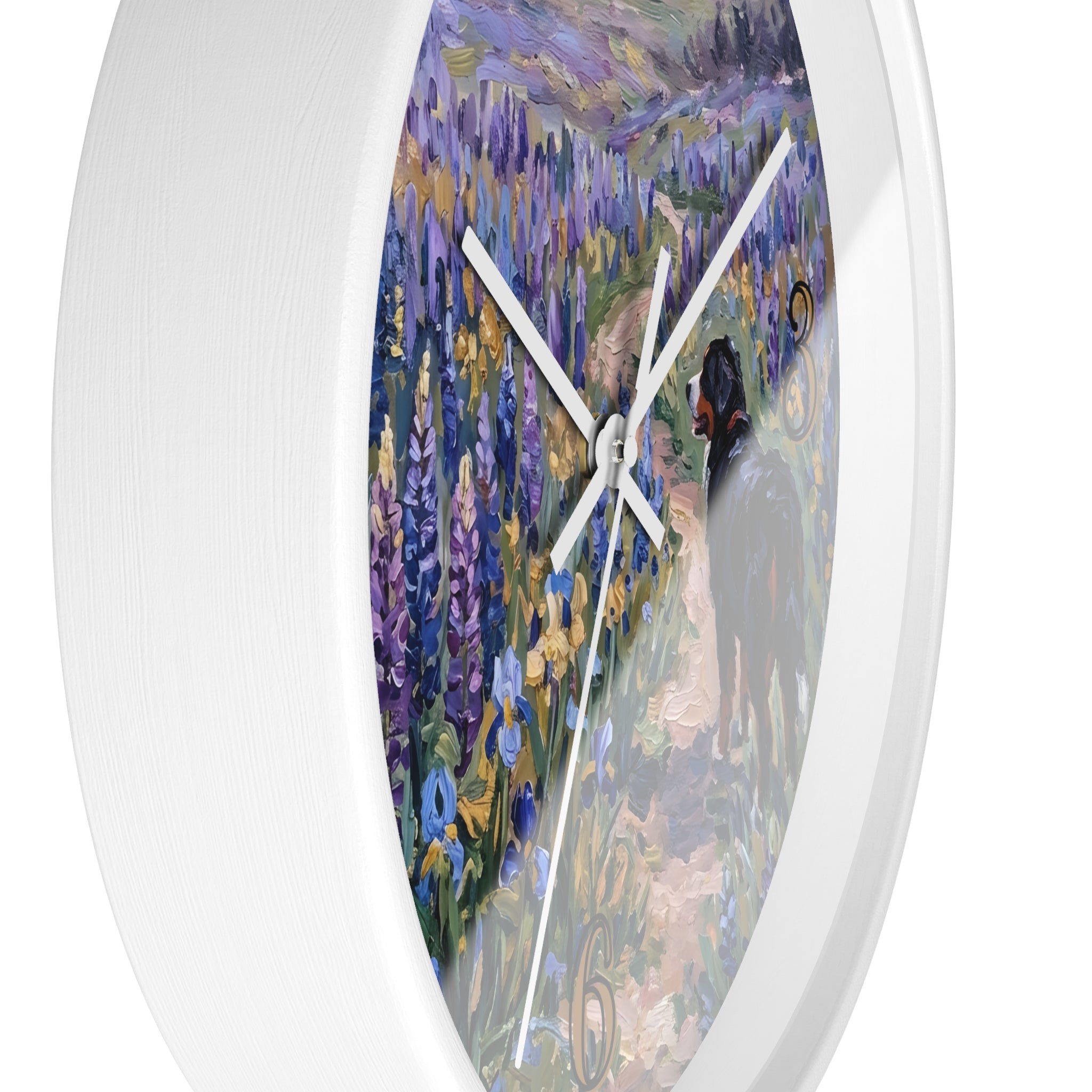Side view of a white wall clock with artistic design of a Bernese mountain dog walking through a field of purple and gold flowers