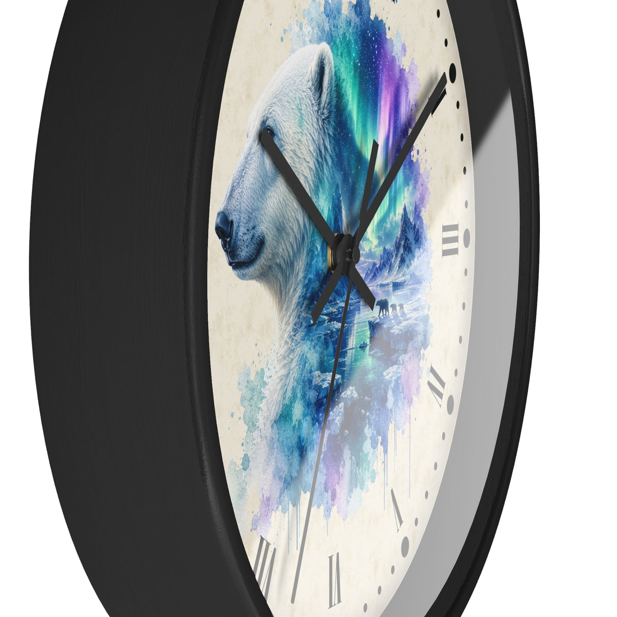 Polar Bear Aurora Layered Portrait Wall Clock — Northern Lights Wildlife Art Decor