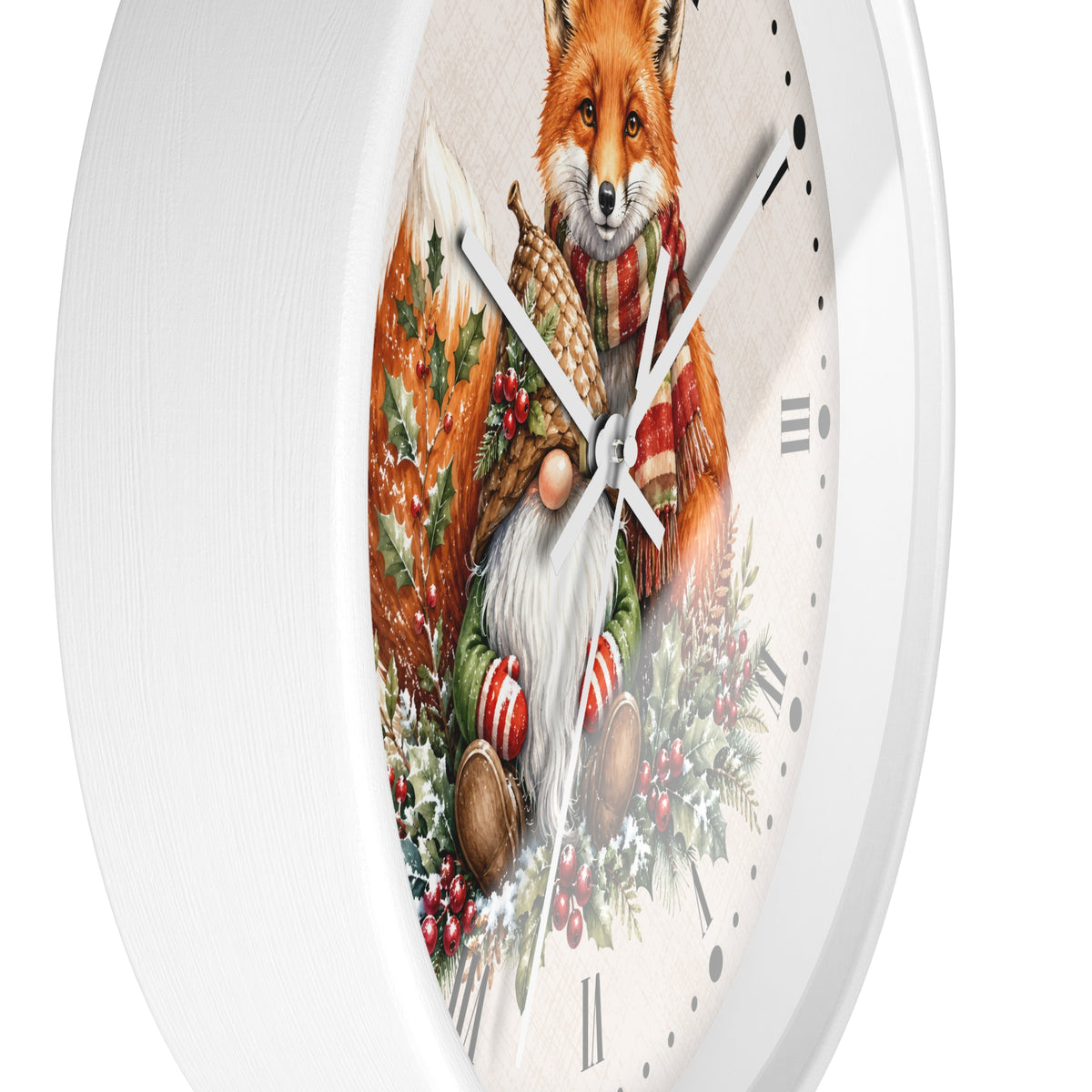 A white round wall clock with a festive illustration of a fox dressed as Santa Claus, complete with a red scarf, white beard, and holiday wreath details on the clock face.