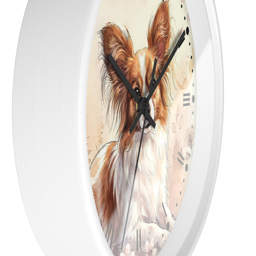 Watercolor Papillon Dog Wall Clock — Floral Portrait Timepiece for Dog Lovers
