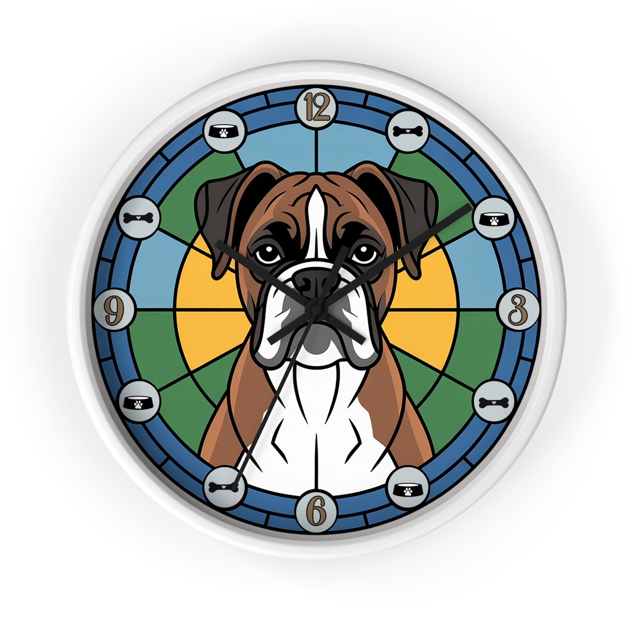 Wall clock with a dog illustration on a colorful background