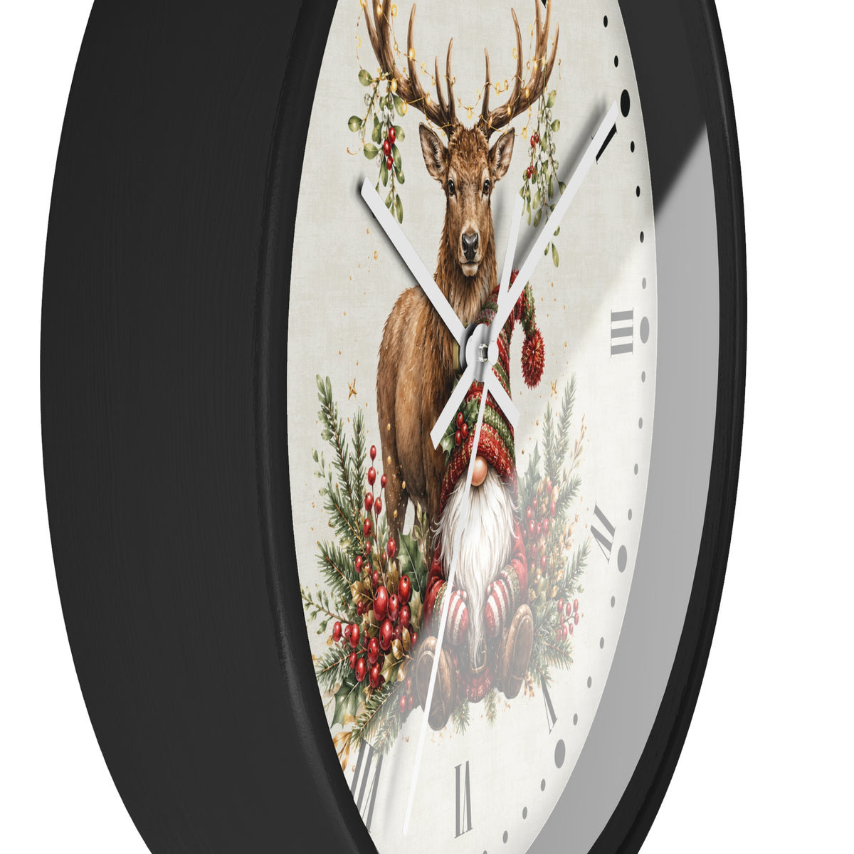 Round wall clock with a black frame and a white dial featuring an illustrated deer, red berries, pine branches, and a gnome.