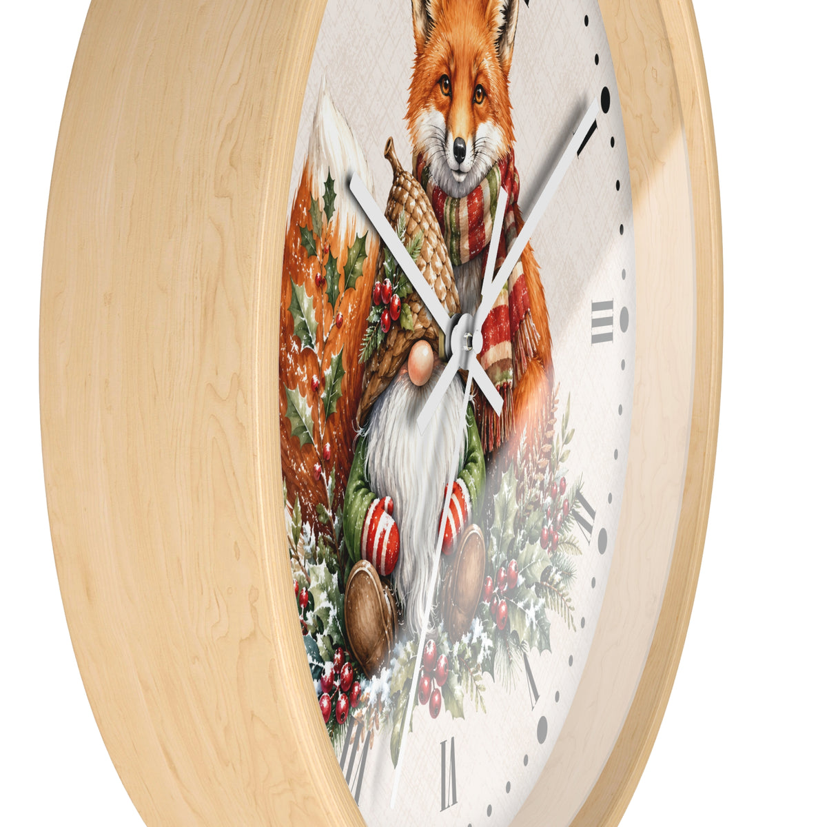 Round wall clock with a light natural wood frame and a white face featuring a festive illustration of a fox in a red scarf surrounded by holiday greenery and candy canes.
