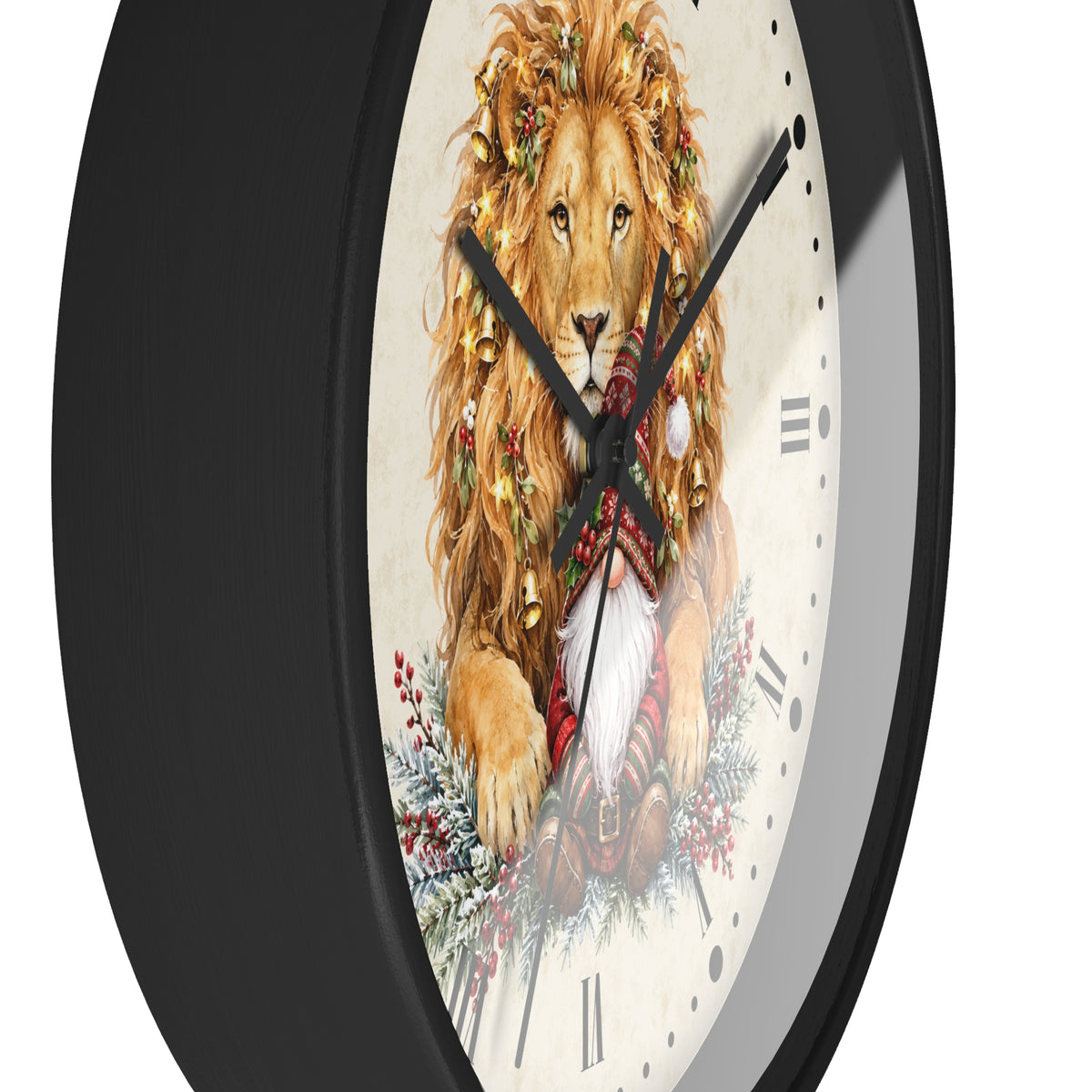 A close-up of a round wall clock with a black frame and a white face featuring a detailed illustration of a golden lion wearing a festive red and green holiday outfit with a white beard.