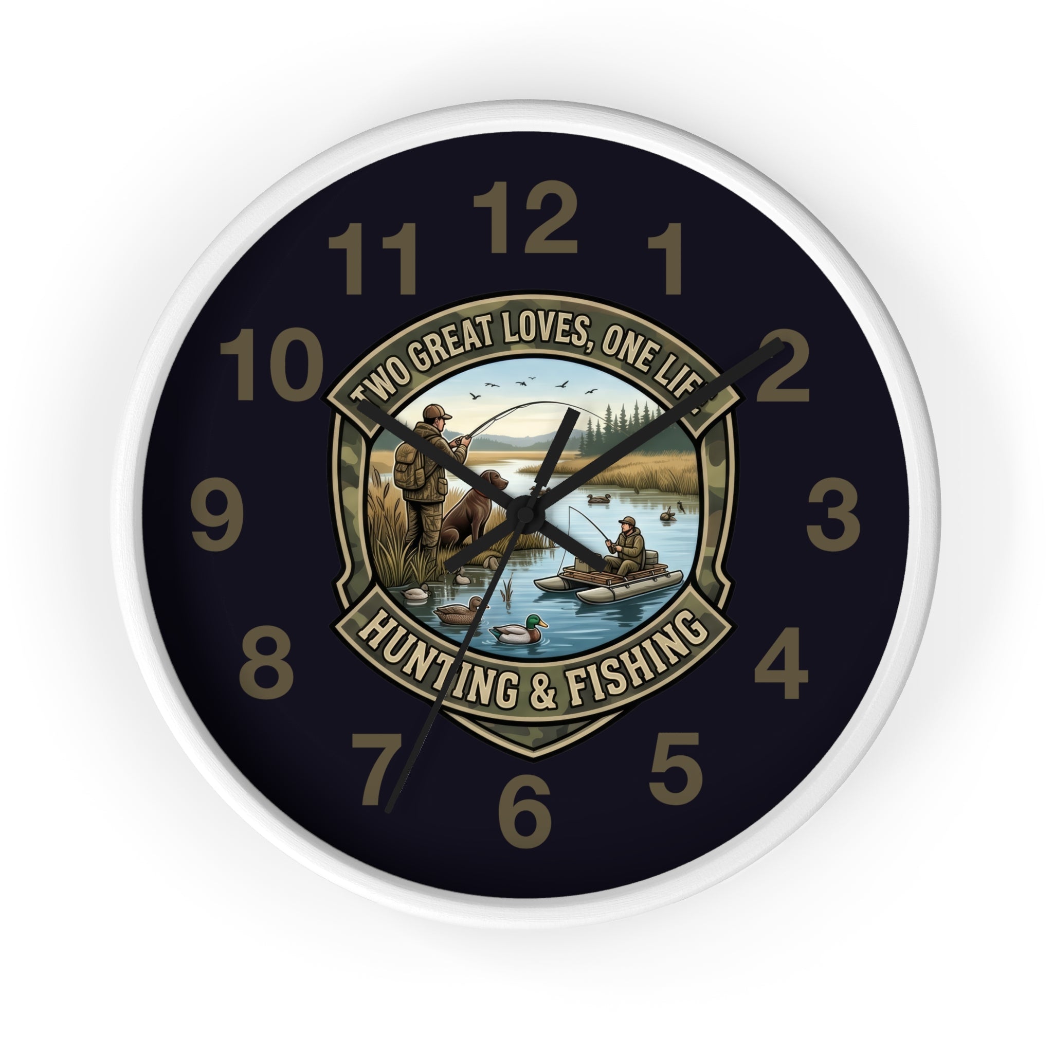 Hunting & Fishing Wall Clock — “Two Great Loves, One Life” Rustic Outdoors Decor