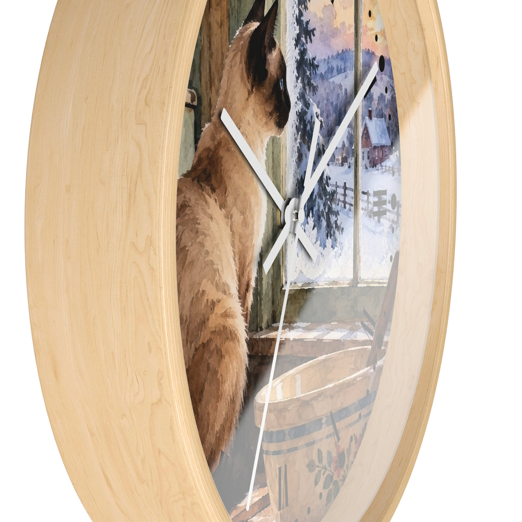 Siamese Cat by the Winter Kitchen Window Wood Wall Clock
