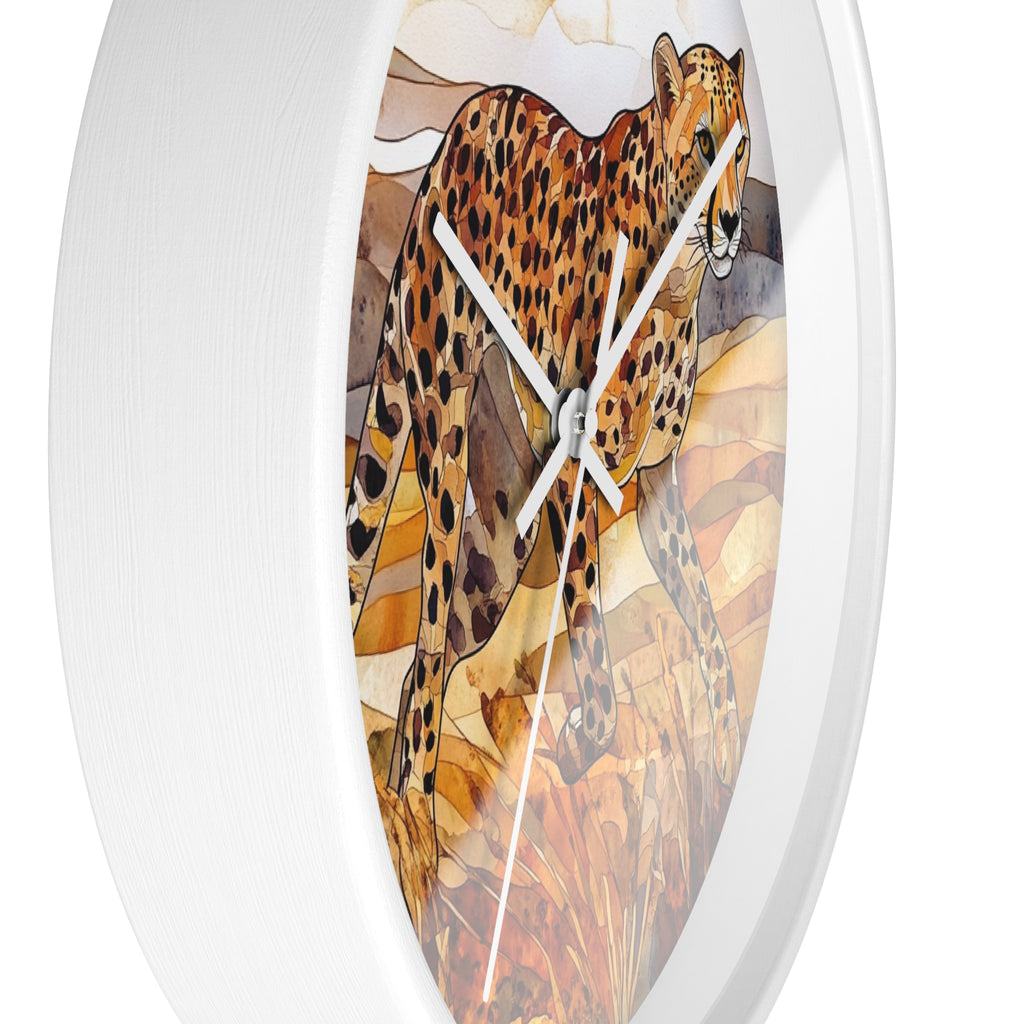 An oval wall clock with a white frame and a printed artwork of a cheetah in warm earthy tones, shown against a plain white background.