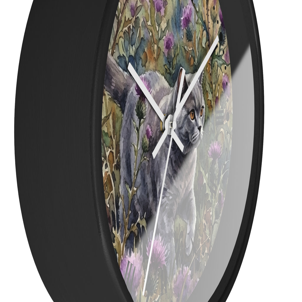 Gray Cat in Lavender Wildflowers Wood Wall Clock