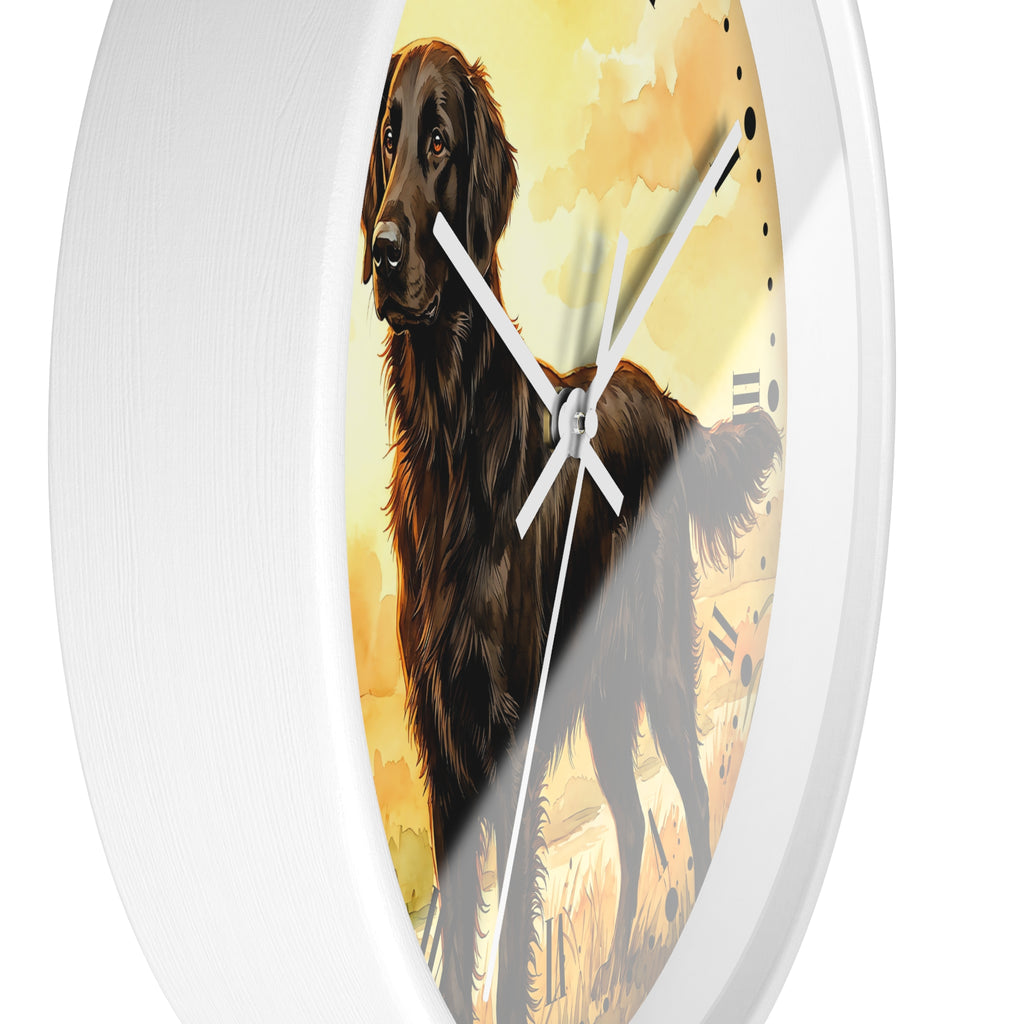 Round wall clock with a white frame and a printed illustration of a dark brown long-haired dog on a warm yellow and beige background, with white clock hands and black Roman numerals.