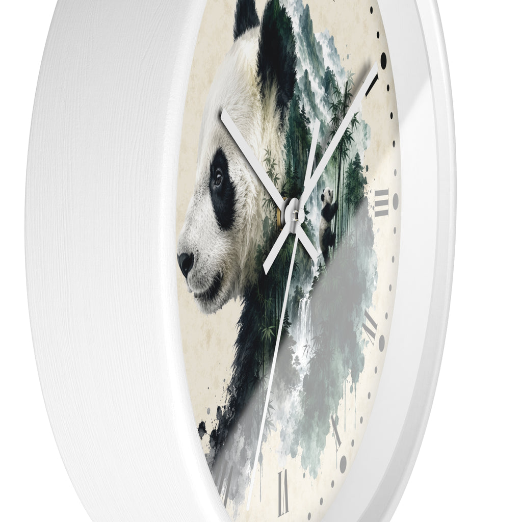 A round wall clock with a white frame and a printed panda face over a green and gray watercolor landscape on the dial, shown against a plain white background.