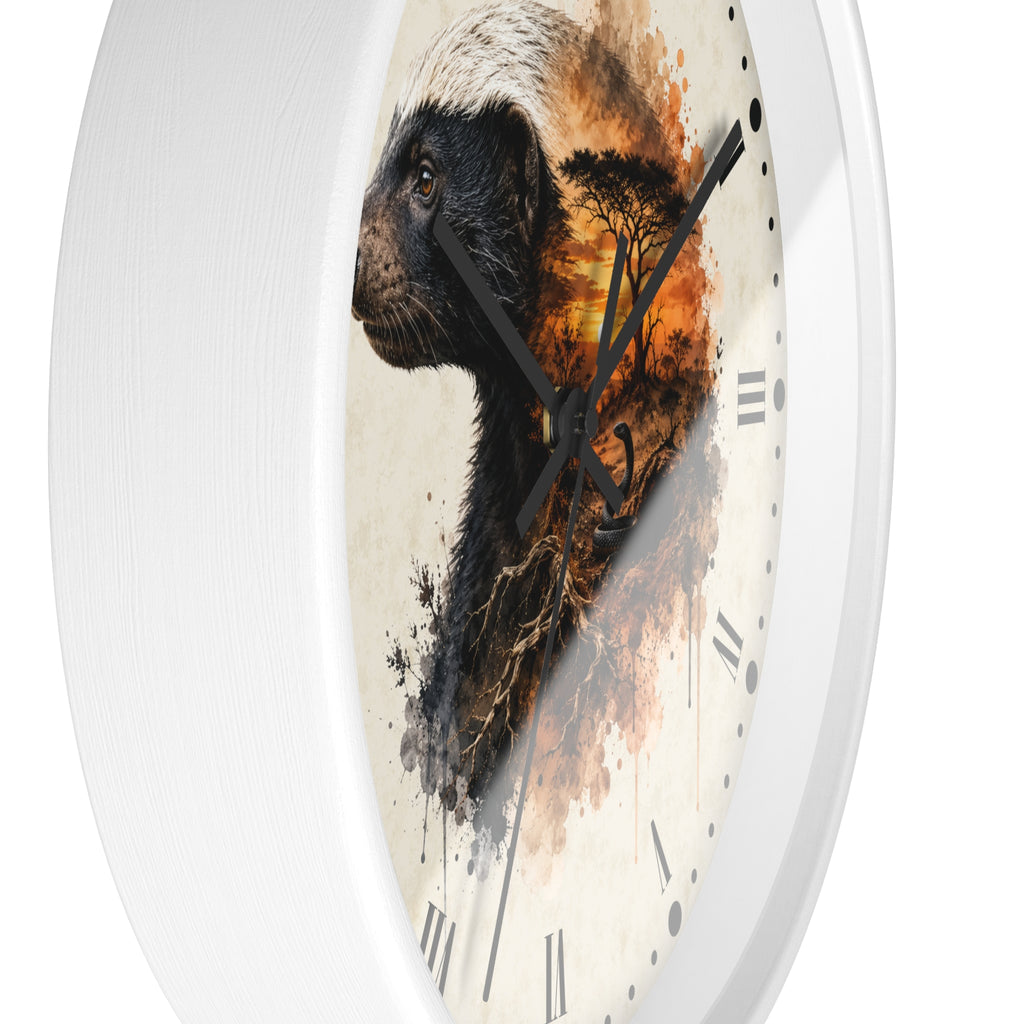 A round wall clock with a white frame and a printed face featuring a black-and-white animal portrait blended with an orange-brown landscape scene, plus black Roman numerals.