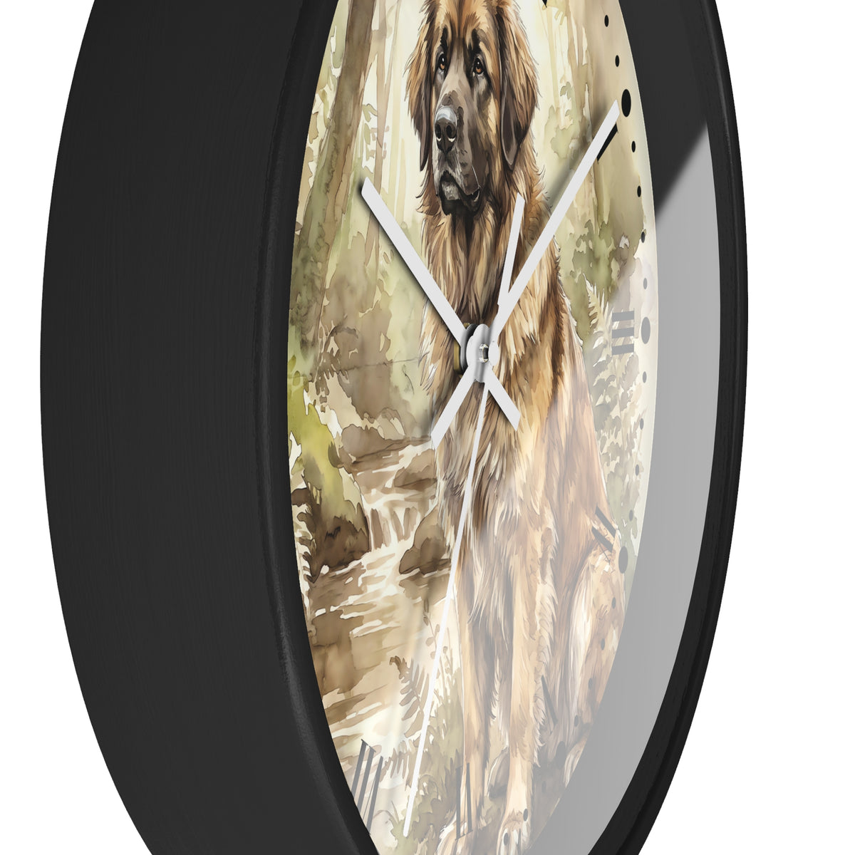 A round wall clock with a black frame and a printed watercolor-style face showing a Leonberger dog in a forest beside a stream. The clock has white hands and no visible numbers.