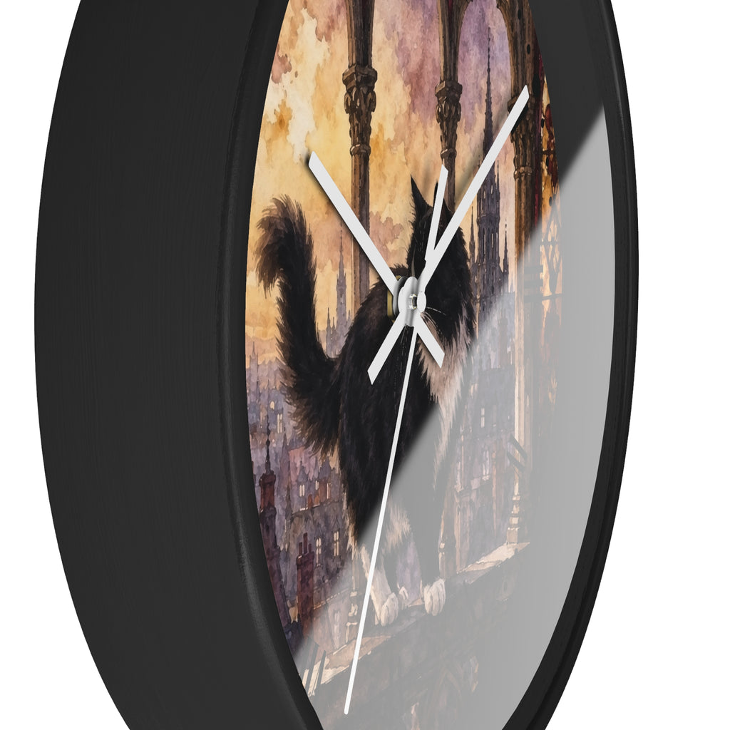 Gothic Black Tuxedo Cat Cathedral Wood Wall Clock
