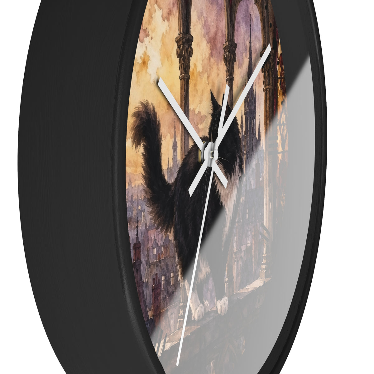 Gothic Black Tuxedo Cat Cathedral Wood Wall Clock