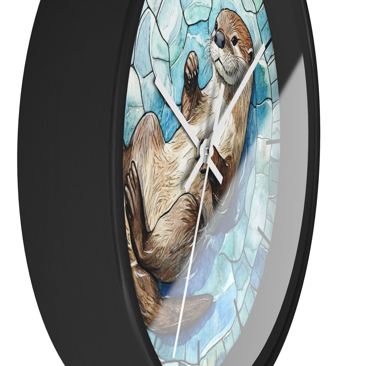 Round wall clock with a black frame and a stained-glass-style illustration of an otter in shades of brown, beige, and light blue, shown against a white background.