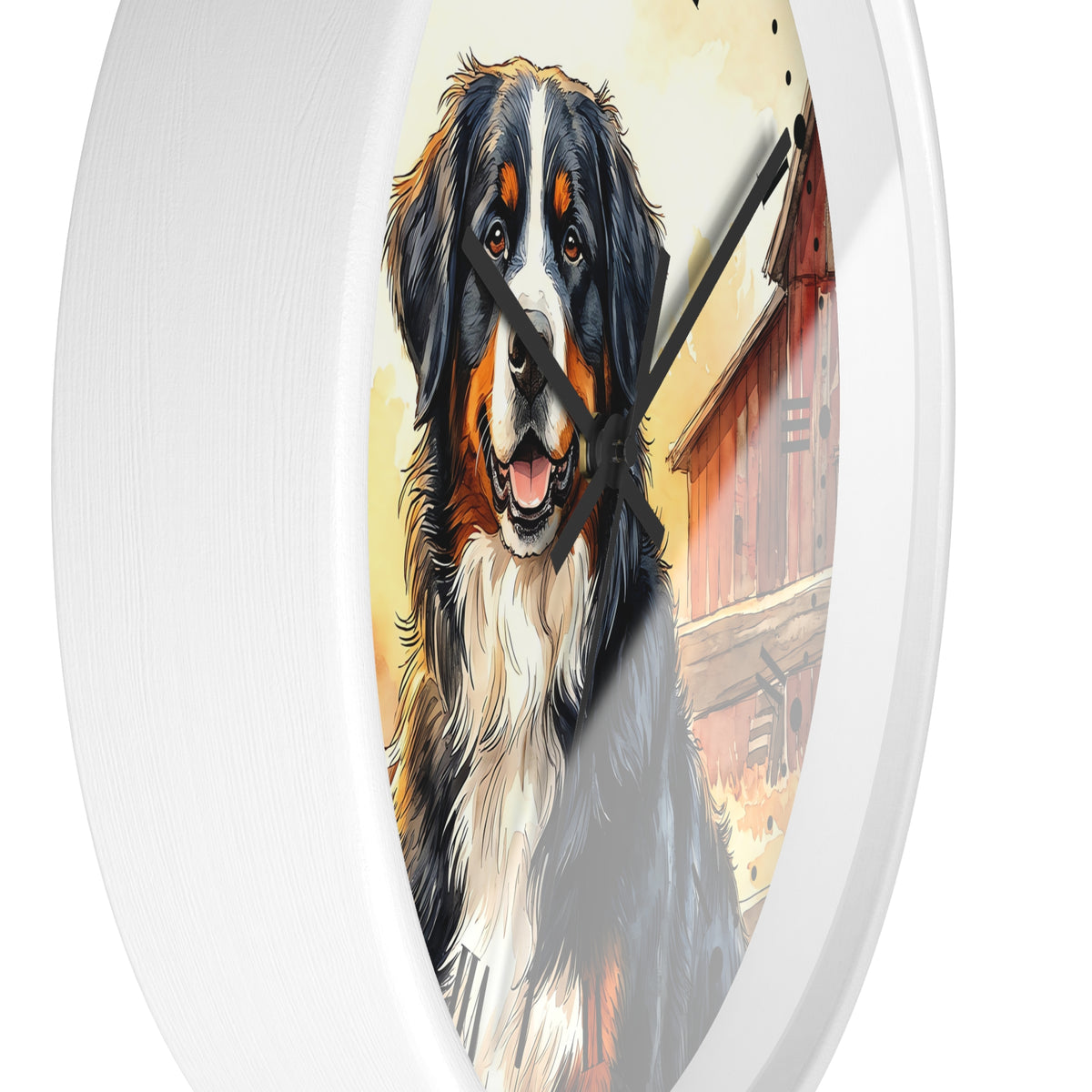 A round wall clock with a white frame featuring a painted Bernese mountain dog portrait and a red barn in the background.