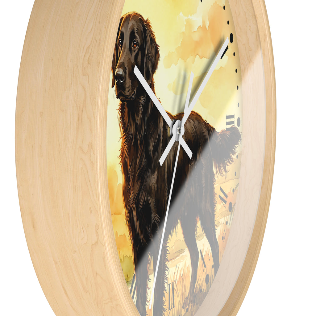 Round wall clock with a light natural wood frame and a printed illustration of a long-haired dark brown dog on a warm yellow background, with white clock hands.
